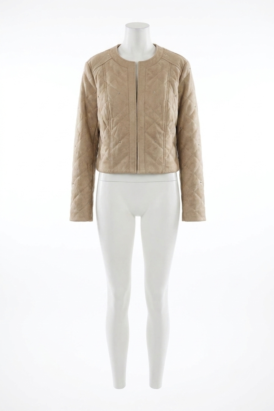 NEW JOSEPH RIBKOFF fawn long sleeves crew neck quilted jacket in faux